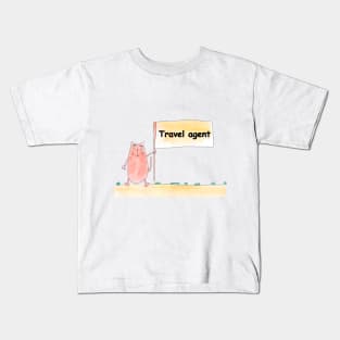 Travel agent. Profession, work, job. Cat shows a banner with the inscription. Watercolor illustration. A gift for a professional. Kids T-Shirt